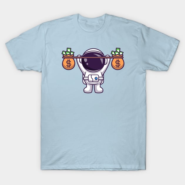 Cute Astronaut Lifting Money Bag Cartoon T-Shirt by Catalyst Labs